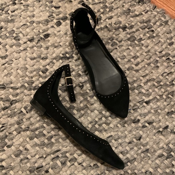Joie Shoes - Joie Black Suede Studded Afra Pointed Toe Flats with Ankle Buckle Flats